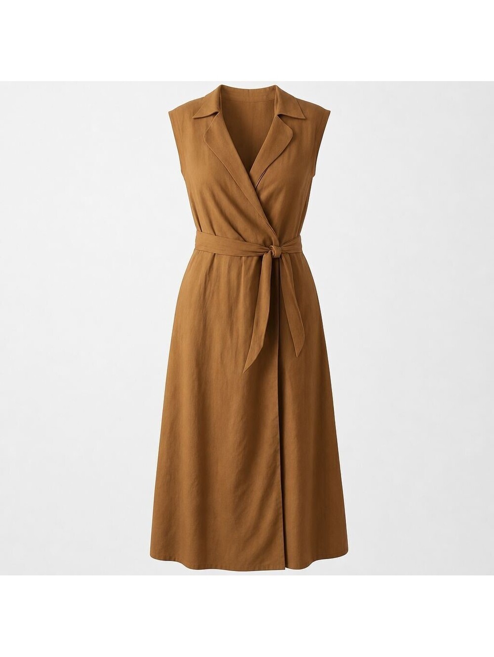 ince Sleeveless Wrap Midi Dress Size 14 Camel Tan 100% Cotton Tie Waist Lapel